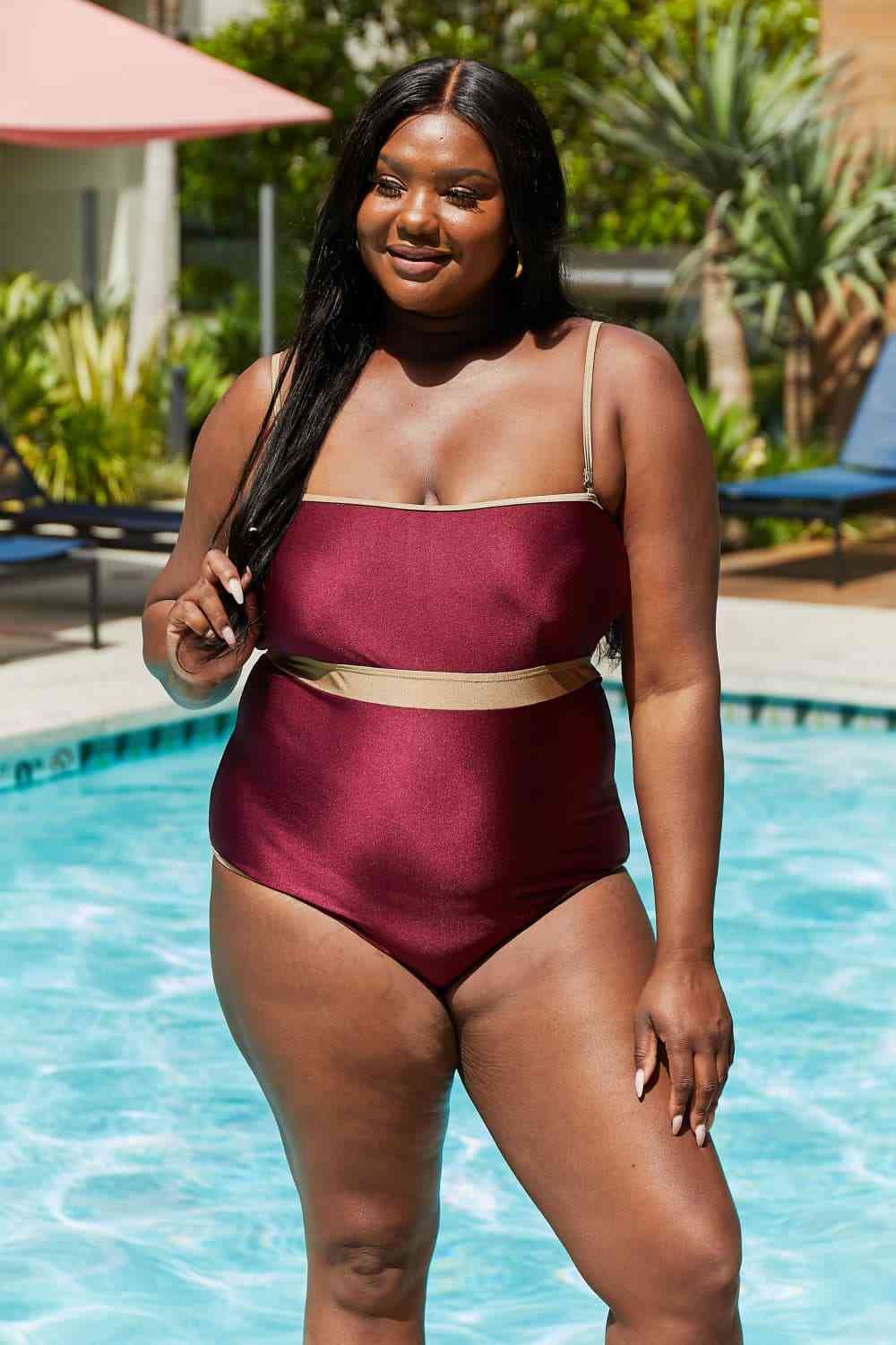 Marina West Swim Wave Break Contrast Trim One-Piece in Wine-Swimwear-Trendsi-JipsiJunk