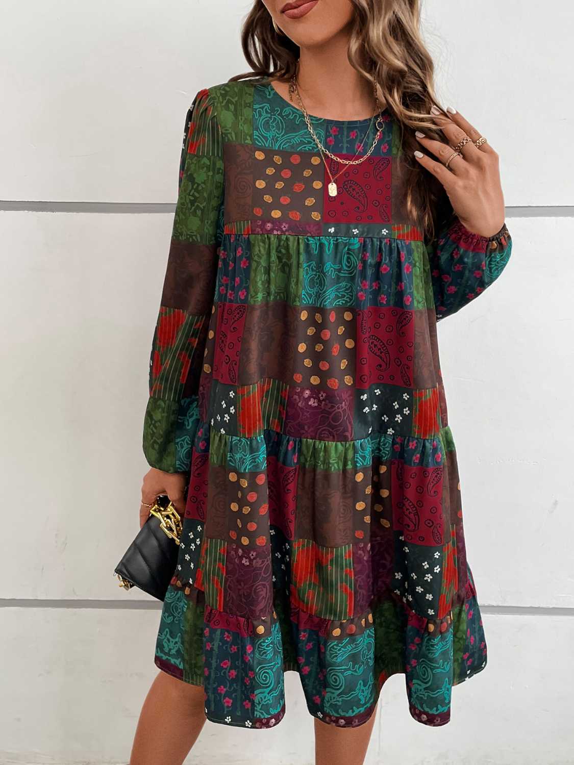 Patchwork Round Neck Long Sleeve Dress-dresses-Trendsi-JipsiJunk