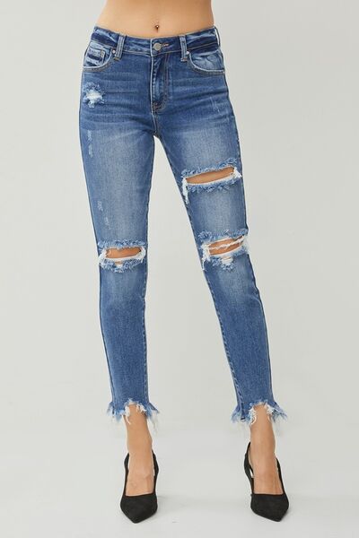 RISEN Distressed Frayed Hem Slim Jeans-Trendsi-JipsiJunk