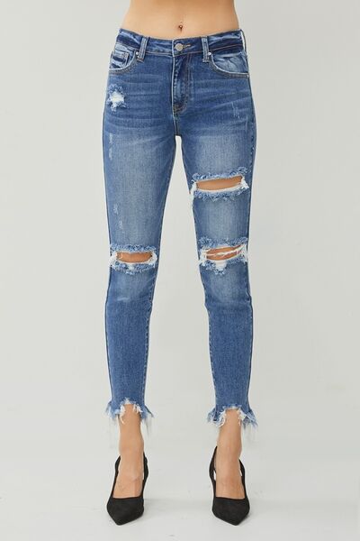 RISEN Distressed Frayed Hem Slim Jeans-Trendsi-JipsiJunk