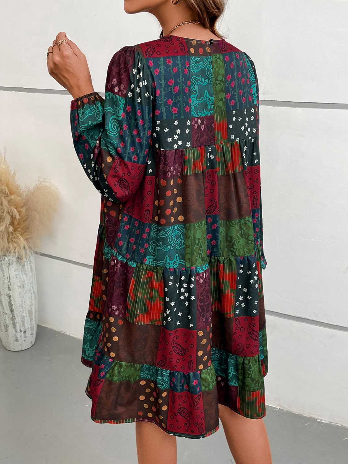Patchwork Round Neck Long Sleeve Dress-dresses-Trendsi-JipsiJunk