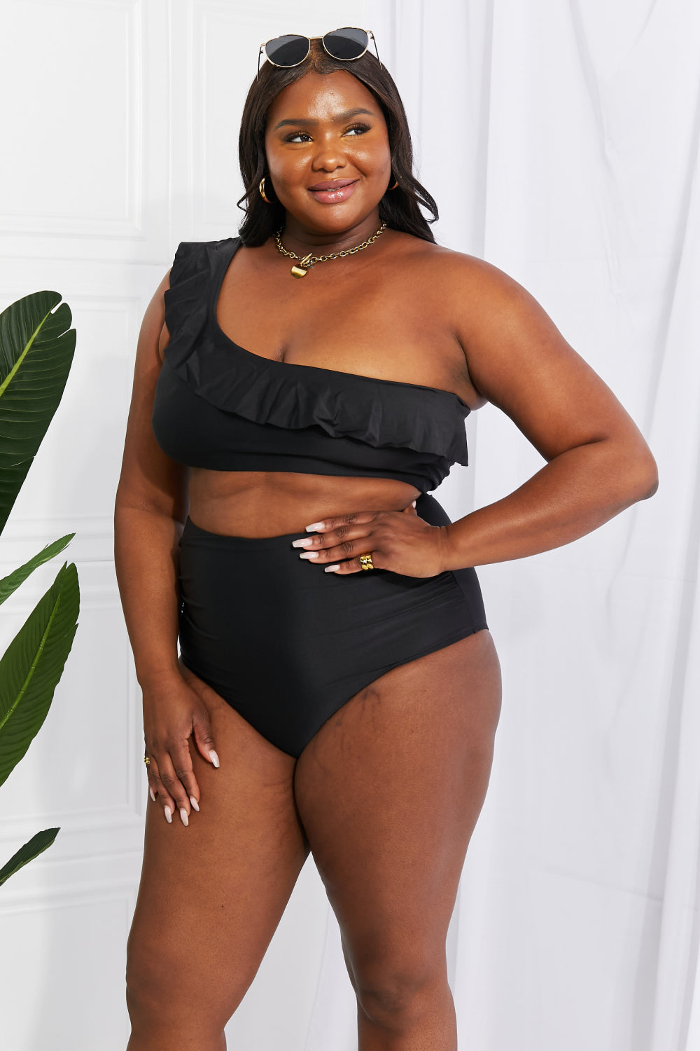 Marina West Swim Seaside Romance Ruffle One-Shoulder Bikini in Black-Swimwear-Trendsi-JipsiJunk