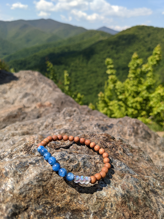 SANDALWOOD, KYANITE AND AB CRYSTAL STRETCH BRACELET-BRACELETS-Jipsi Junk-JipsiJunk