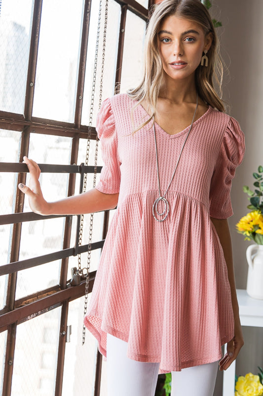 Heimish Full Size Waffle Knit V-Neck Babydoll Top-Tops-Trendsi-JipsiJunk