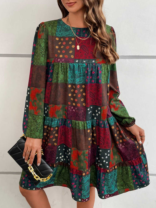 Patchwork Round Neck Long Sleeve Dress-dresses-Trendsi-JipsiJunk