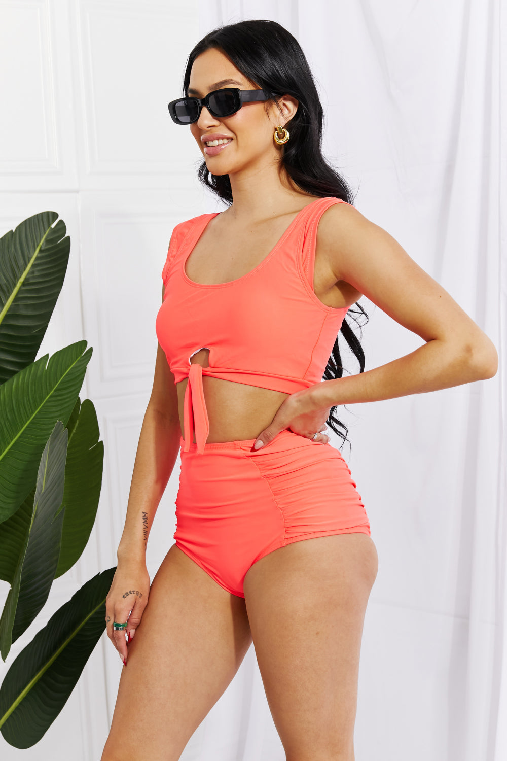 Marina West Swim Sanibel Crop Swim Top and Ruched Bottoms Set in Coral-Swimwear-Trendsi-JipsiJunk