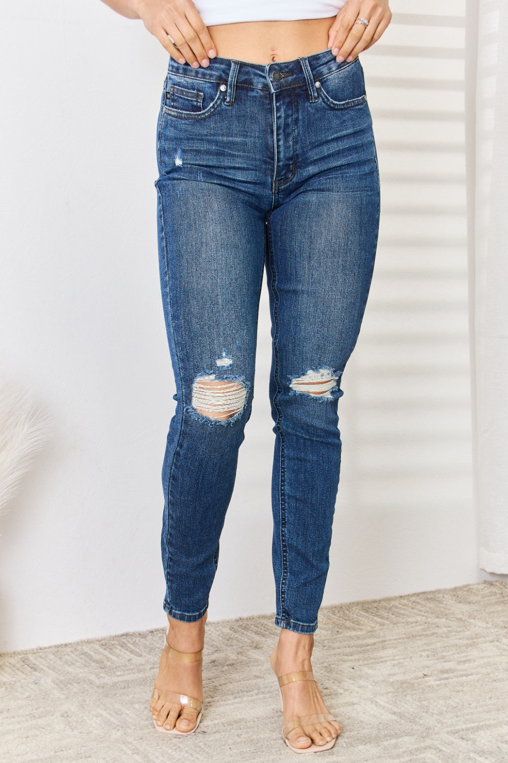 Judy Blue Full Size High Waist Distressed Slim Jeans-Bottoms-Trendsi-JipsiJunk