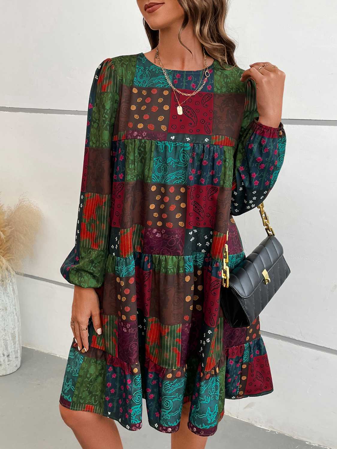 Patchwork Round Neck Long Sleeve Dress-dresses-Trendsi-JipsiJunk