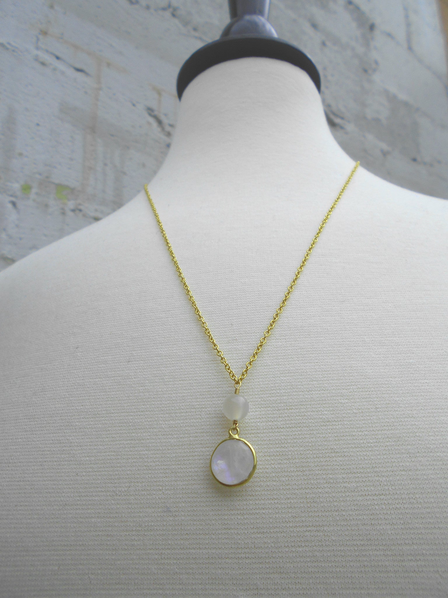MOONSTONE BEZEL NECKLACE WITH GOLD CHAIN-NECKLACES-JipsiJunk-JipsiJunk