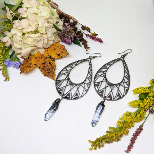 GUNMETAL CHEVRON DROP HOOPS WITH BLACK CRACKED QUARTS PINTS-EARRINGS-Jipsi Junk-JipsiJunk