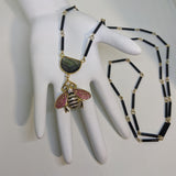CZ BUMBLEBEE AND LABRADORITE CRESCENT NECKLACE ON UPCYCLED VINTAGE CHAIN-NECKLACES-JipsiJunk-JipsiJunk