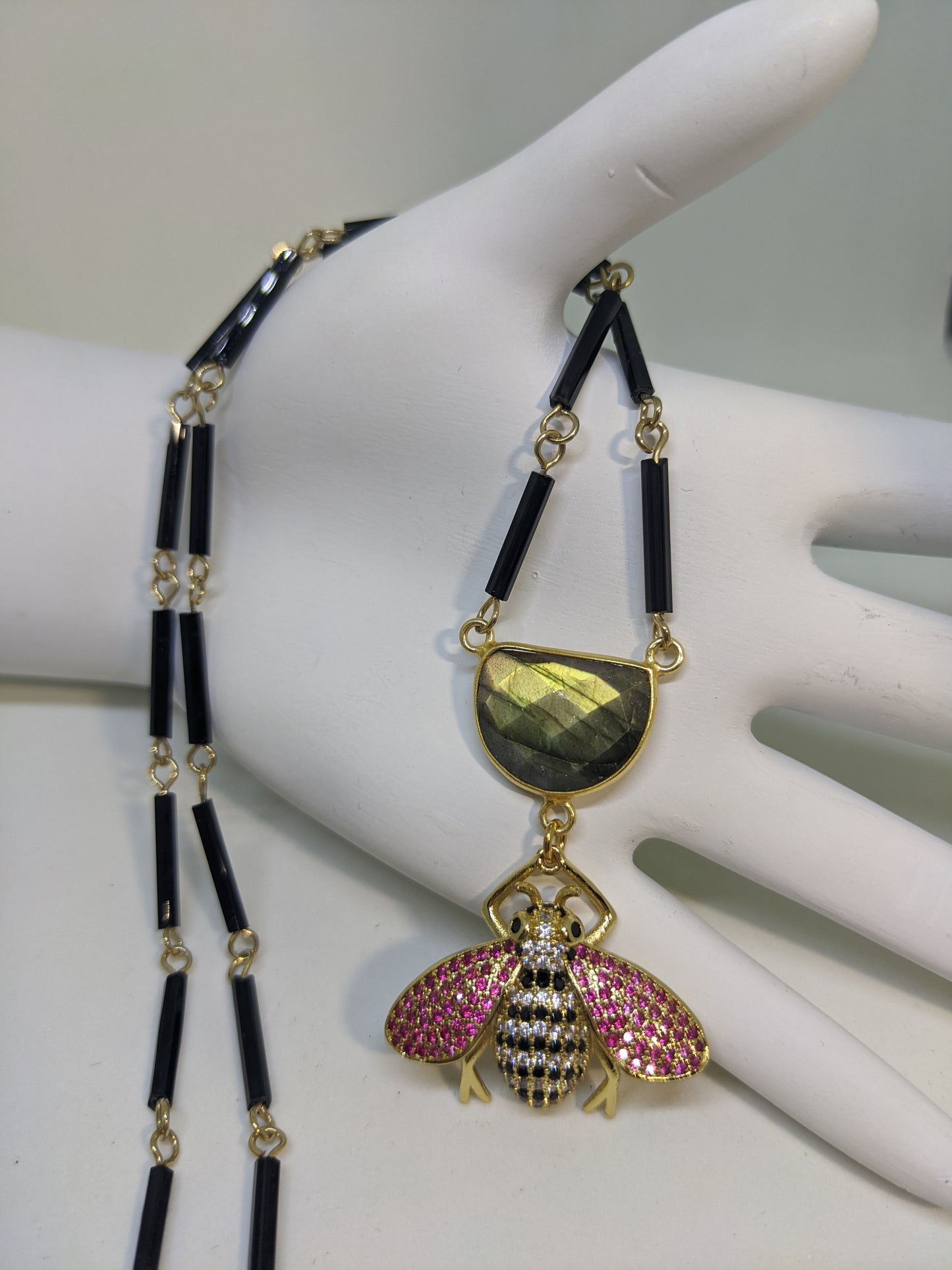 CZ BUMBLEBEE AND LABRADORITE CRESCENT NECKLACE ON UPCYCLED VINTAGE CHAIN-NECKLACES-JipsiJunk-JipsiJunk
