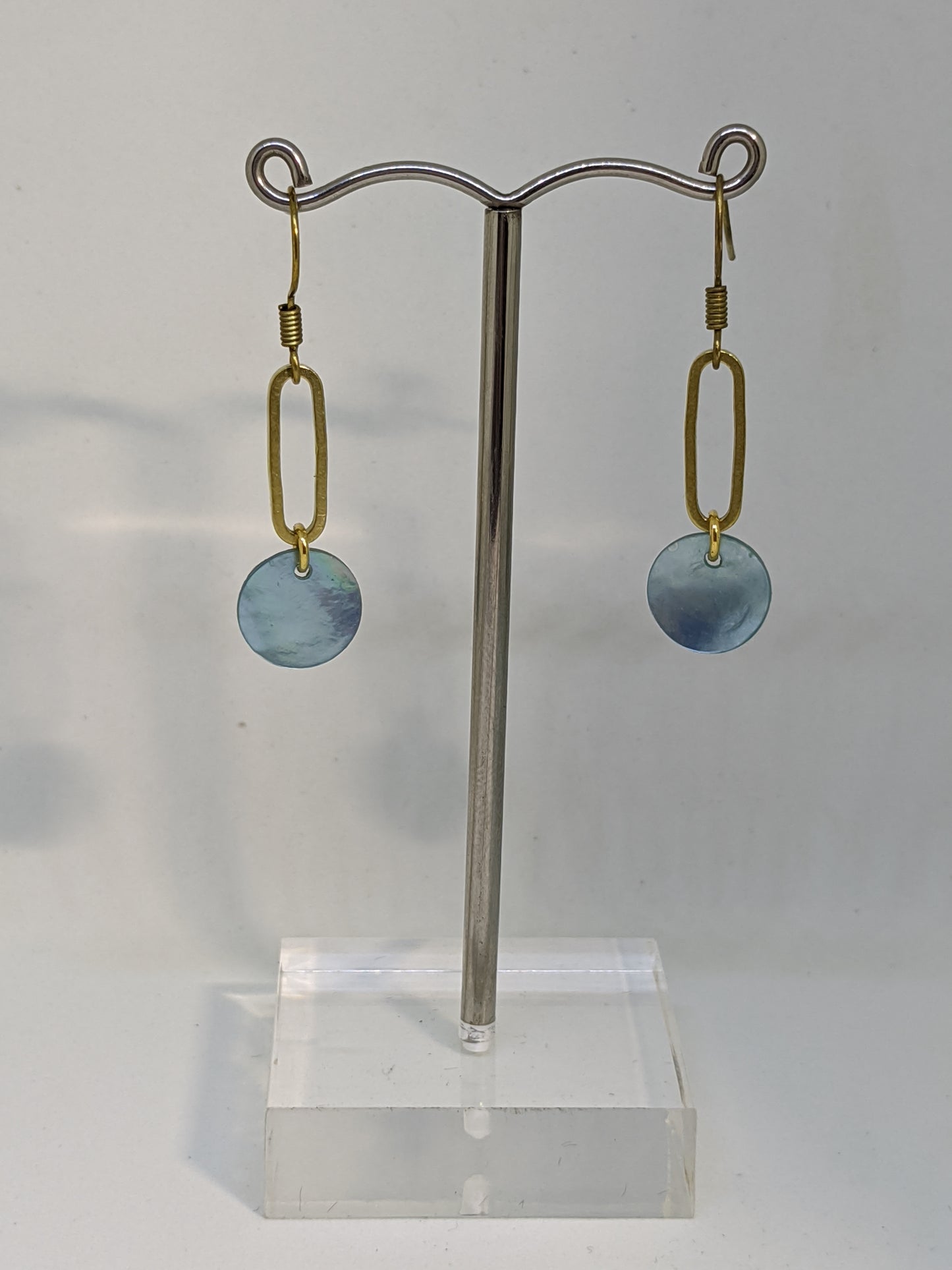 TINY BLUE SHELL AND BRASS EARRINGS-jipsijunk-JipsiJunk-JipsiJunk