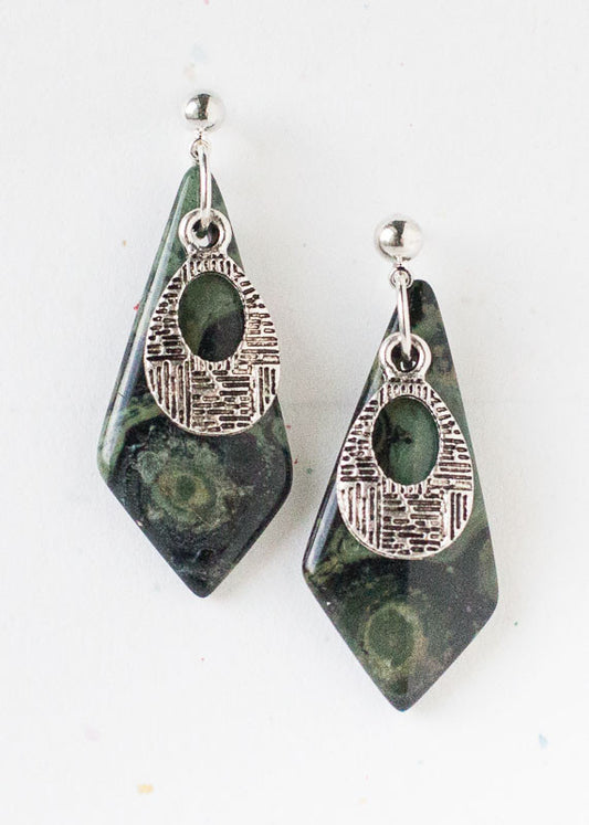 LONG DIAMOND KAMBABA JASPER AND ETCHED OVAL BALL POST EARRINGS-EARRINGS-Jipsi Junk-JipsiJunk