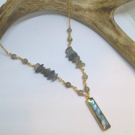 SMALL LABRADORITE RECTANGLE NECKLACE WITH ACCENTED HANDMADE CHAIN-NECKLACES-JipsiJunk-JipsiJunk