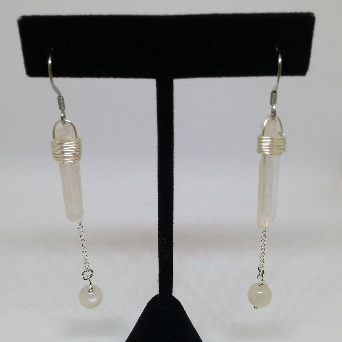 HAND WIRE WRAPPED QUARTZ POINT, MOONSTONE AND CHAIN DANGLE EARRINGS-earrings-JipsiJunk-JipsiJunk