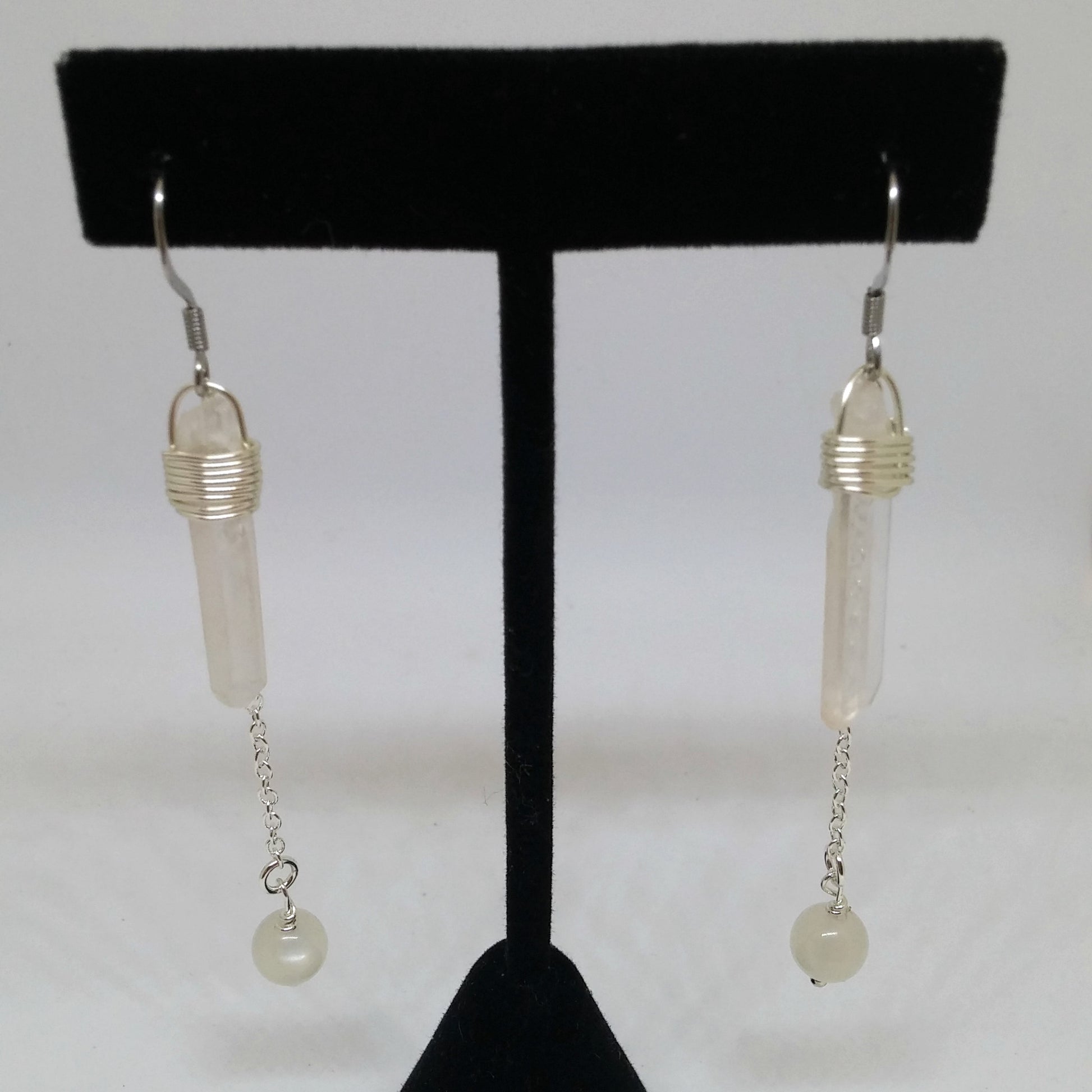 HAND WIRE WRAPPED QUARTZ POINT, MOONSTONE AND CHAIN DANGLE EARRINGS-earrings-JipsiJunk-JipsiJunk