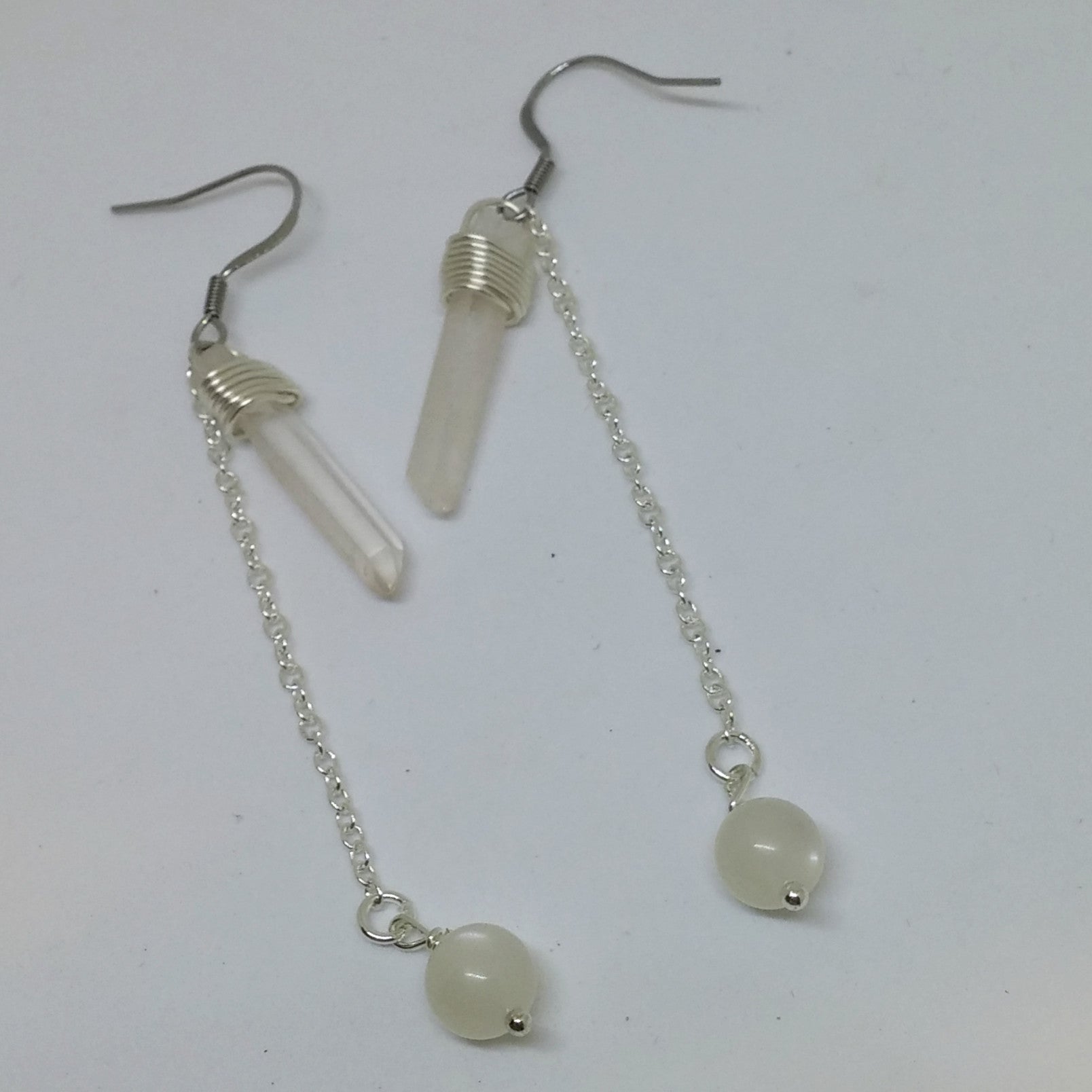 HAND WIRE WRAPPED QUARTZ POINT, MOONSTONE AND CHAIN DANGLE EARRINGS-earrings-JipsiJunk-JipsiJunk