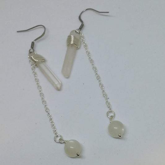 HAND WIRE WRAPPED QUARTZ POINT, MOONSTONE AND CHAIN DANGLE EARRINGS-earrings-JipsiJunk-JipsiJunk
