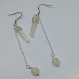 HAND WIRE WRAPPED QUARTZ POINT, MOONSTONE AND CHAIN DANGLE EARRINGS-earrings-JipsiJunk-JipsiJunk