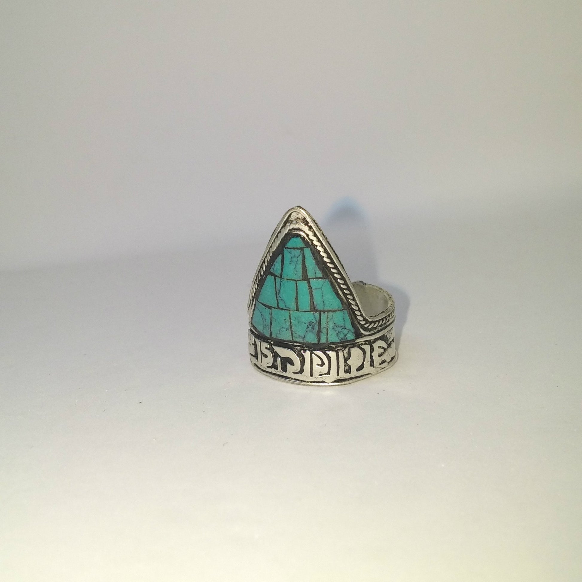 OM MANI PADME HUM ADJUSTABLE TIBETAN SILVER AND TURQUOISE RING-RINGS-JipsiJunk-JipsiJunk