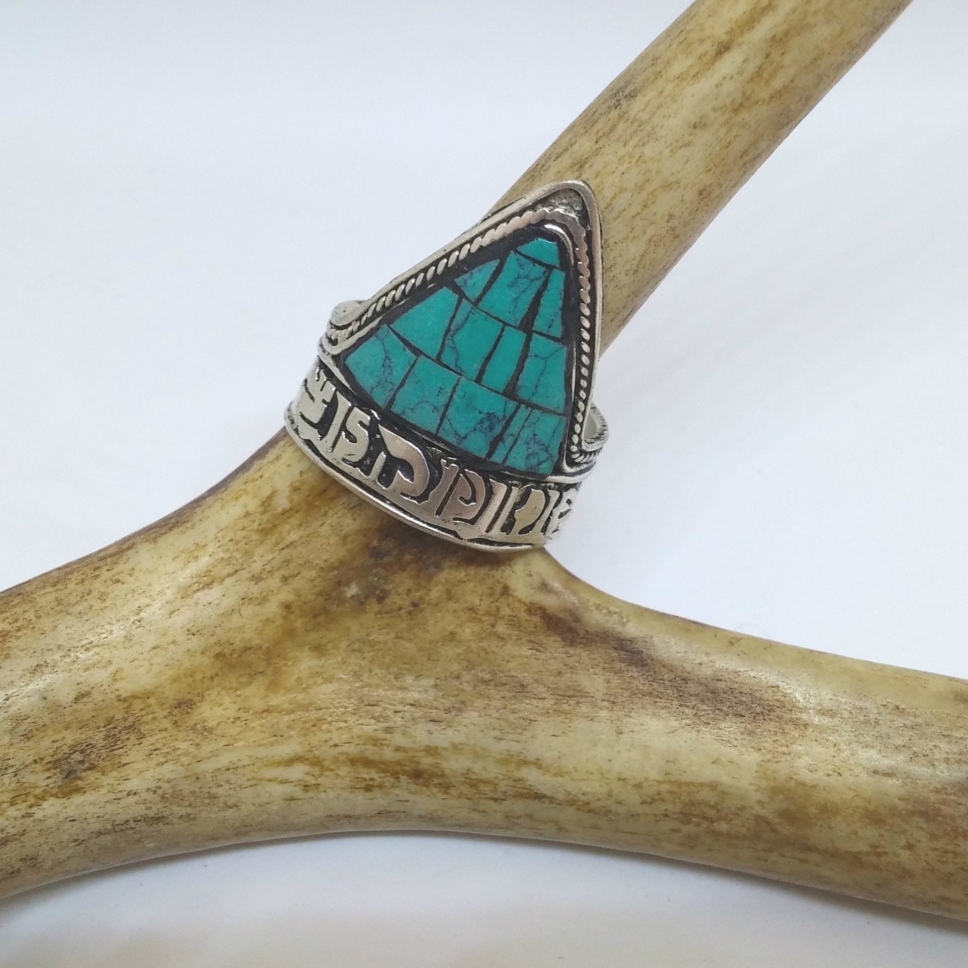 OM MANI PADME HUM ADJUSTABLE TIBETAN SILVER AND TURQUOISE RING-RINGS-JipsiJunk-JipsiJunk