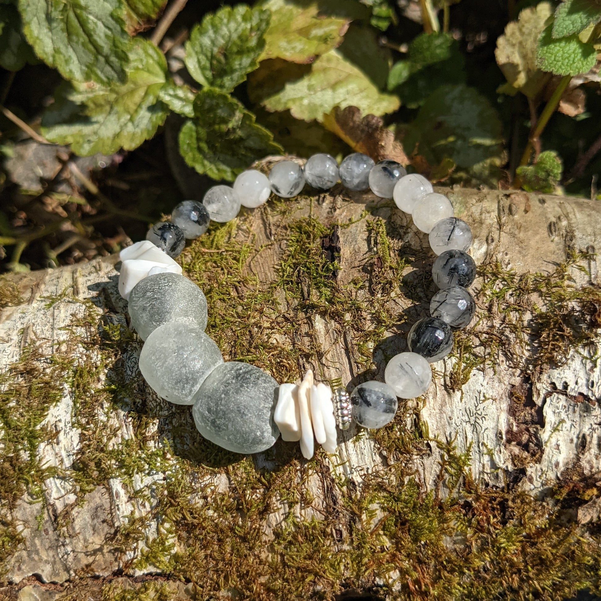BLACK RUTILATED QUARTZ, PUKA SHELL AND AFRICAN RECYCLED GLASS BRACELET-BRACELETS-Jipsi Junk-JipsiJunk