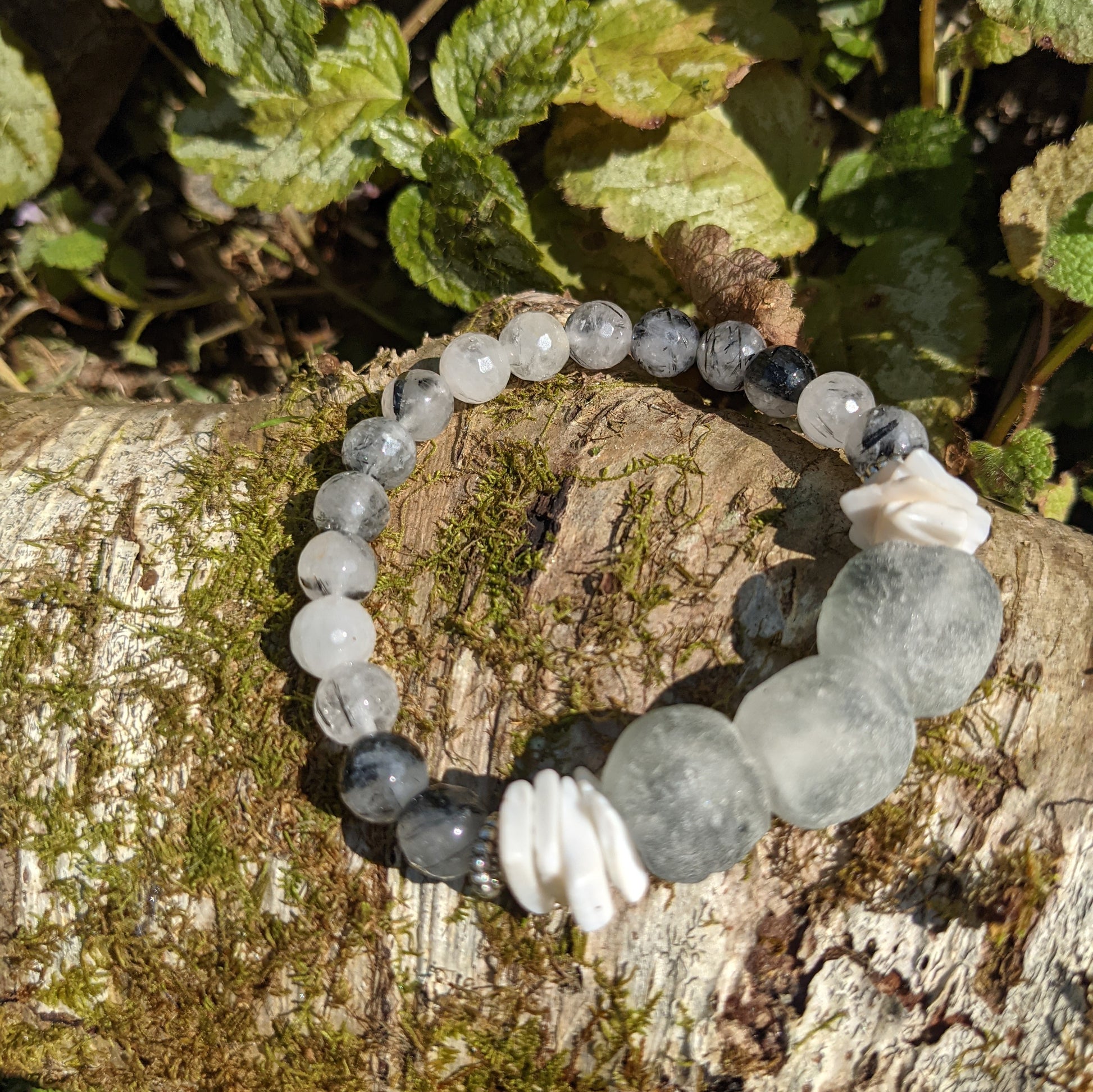 BLACK RUTILATED QUARTZ, PUKA SHELL AND AFRICAN RECYCLED GLASS BRACELET-BRACELETS-Jipsi Junk-JipsiJunk