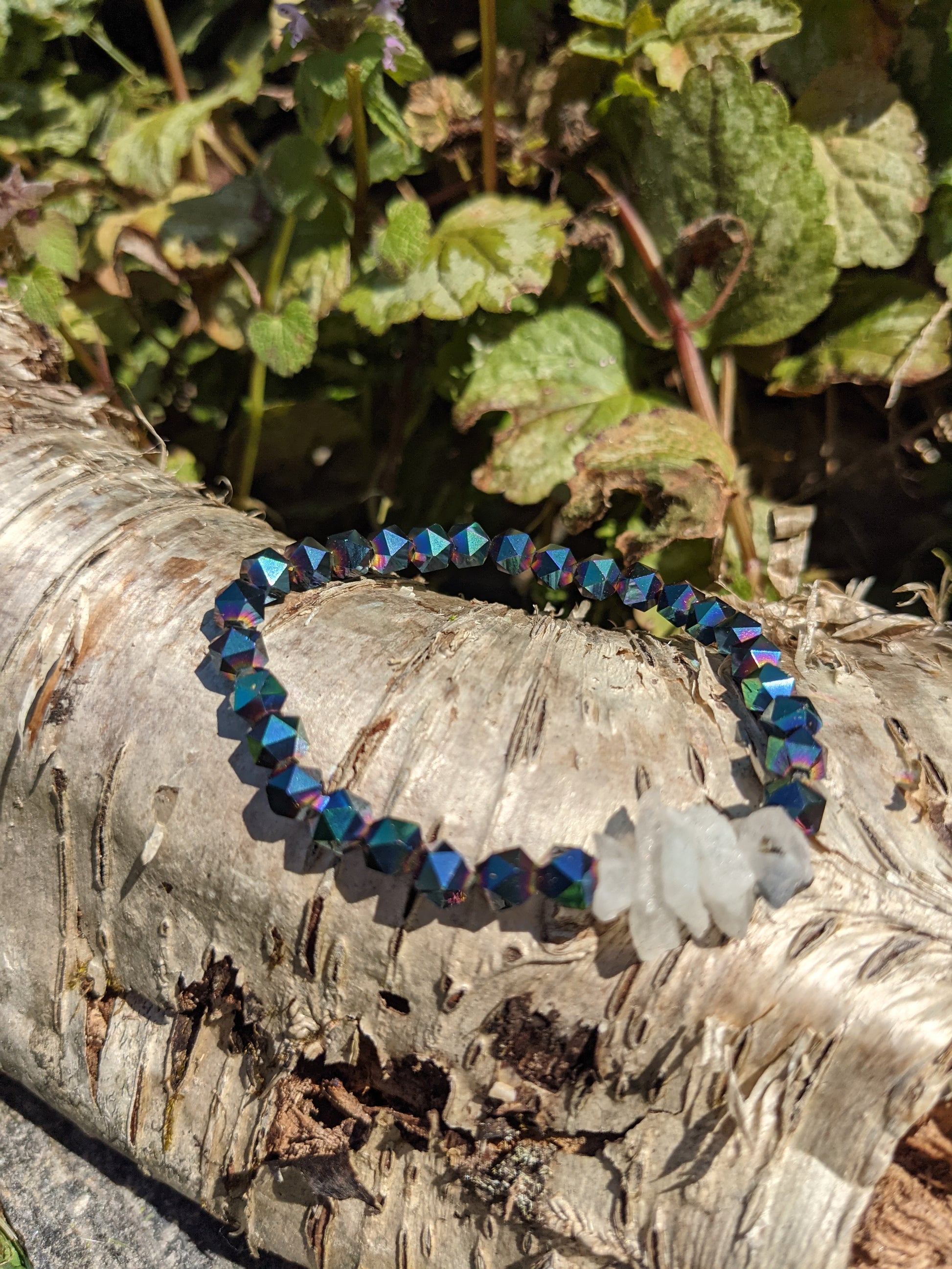ROUGH MOONSTONE AND SIMPLE FACETED SPACE BLUE CRYSTAL STRETCH BRACELET-BRACELETS-Jipsi Junk-JipsiJunk