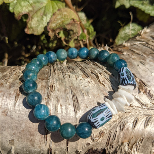 APATITE, AFRICAN RECYCLED GLASS AND PUKA SHELL BRACELET-BRACELETS-Jipsi Junk-JipsiJunk