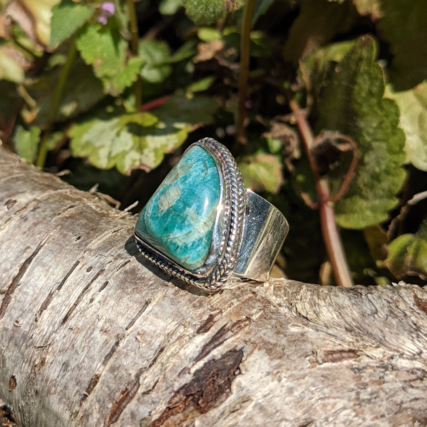 WIDE BANDED SHARK FIN SHAPED RUSSIAN AMAZONITE RING IN STERLING SILVER-RINGS-Jipsi Junk-JipsiJunk