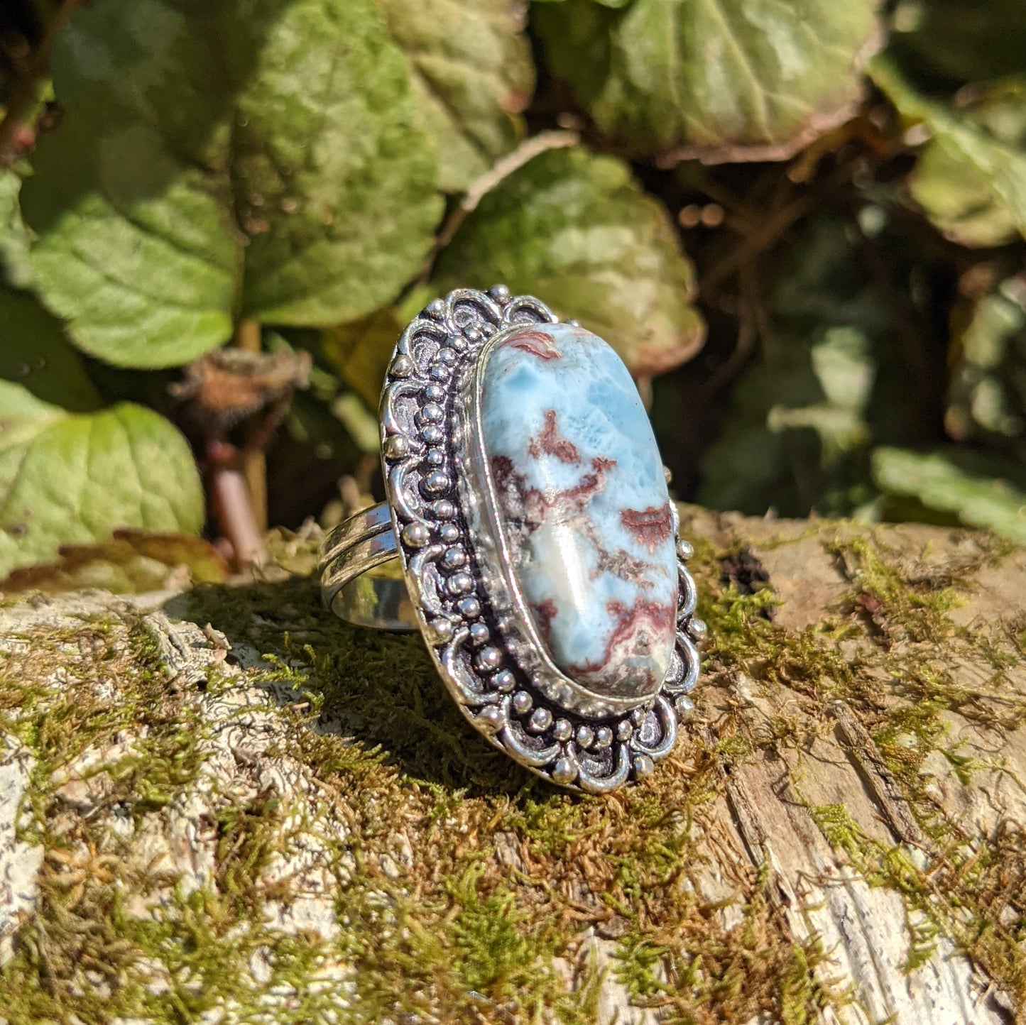 ETHNIC STYLE CARIBBEAN LARIMAR GEMSTONE RING IN STERLING SILVER-RINGS-Jipsi Junk-JipsiJunk