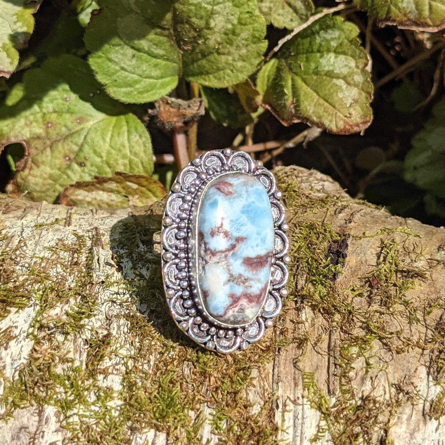 ETHNIC STYLE CARIBBEAN LARIMAR GEMSTONE RING IN STERLING SILVER-RINGS-Jipsi Junk-JipsiJunk
