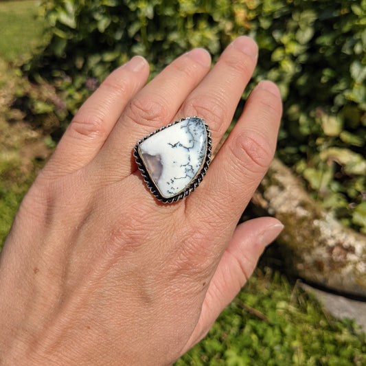 DENDRITIC OPAL FREEFORM RING IN STERLING SILVER WITH BRAIDED BEZEL-RINGS-Jipsi Junk-JipsiJunk
