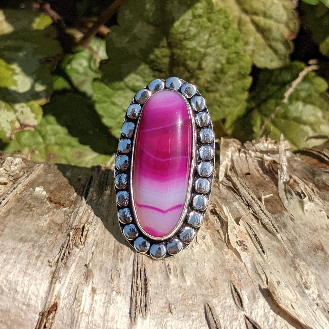 PINK AND WHITE AGATE ELONGATED OVAL RING IN STERLING SILVER WITH DOTTED BEZEL-RING-Jipsi Junk-JipsiJunk