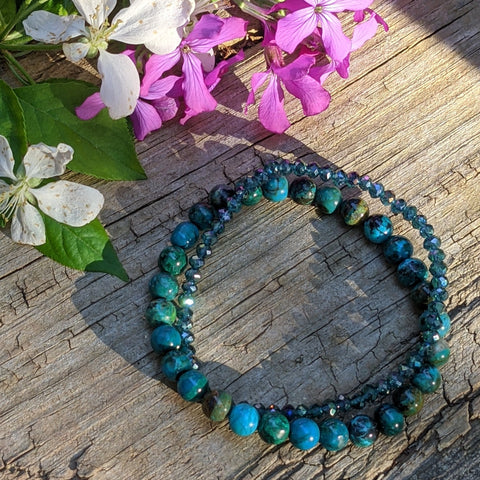 CHRYSOCOLLA AND BLUE MERMAID CRYSTAL STACKING STRETCH BRACELETS-BRACELETS-Jipsi Junk-JipsiJunk