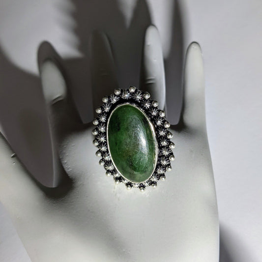 CANADIAN JADE RING IN STERLING SILVER WITH KISSED BEZEL-RINGS-Jipsi Junk-JipsiJunk