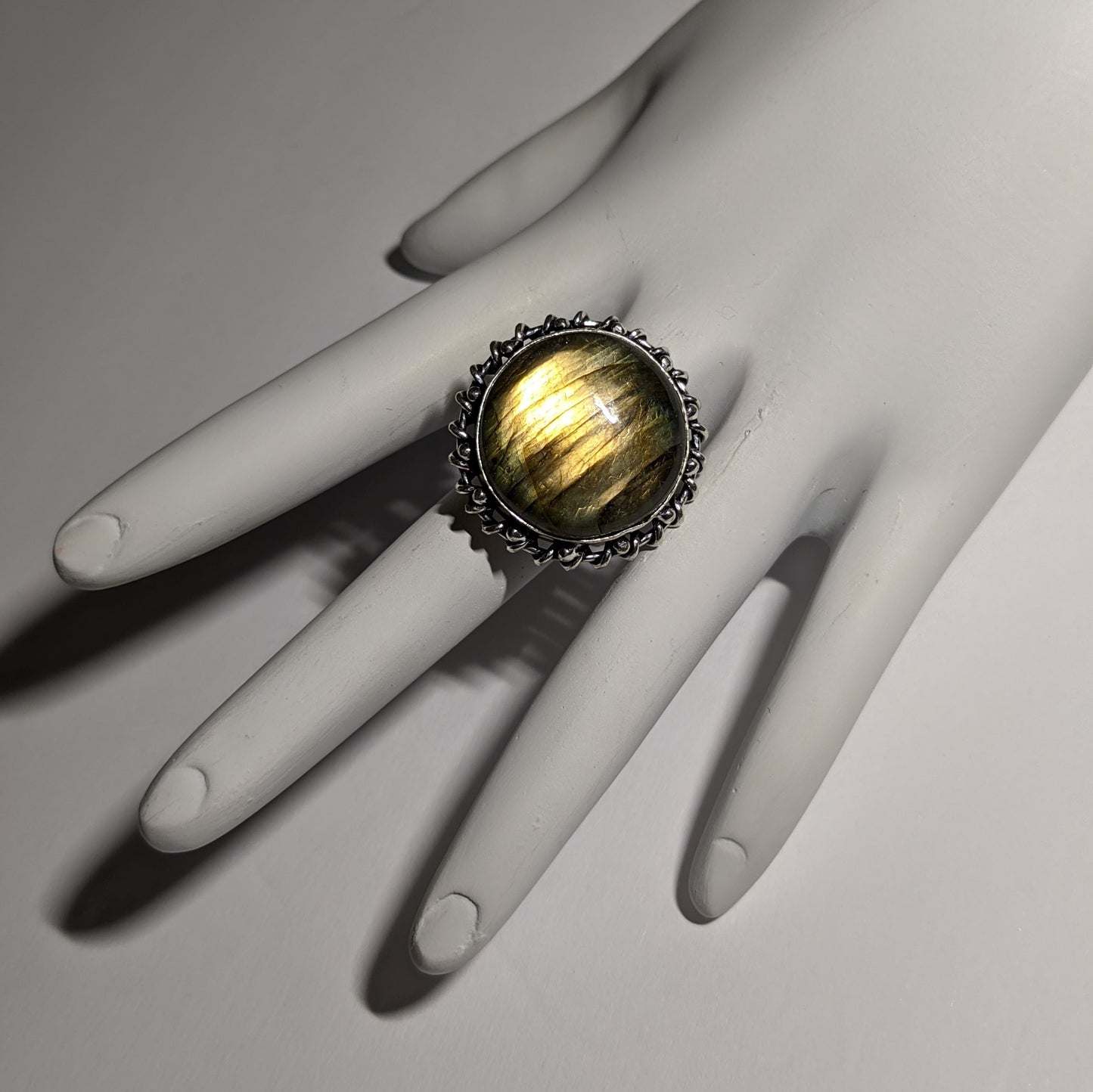 CAT'S EYE LABRADORITE RING WITH UNIQUE DOTTED AND WRAPPED BEZEL-RINGS-JipsiJunk-JipsiJunk