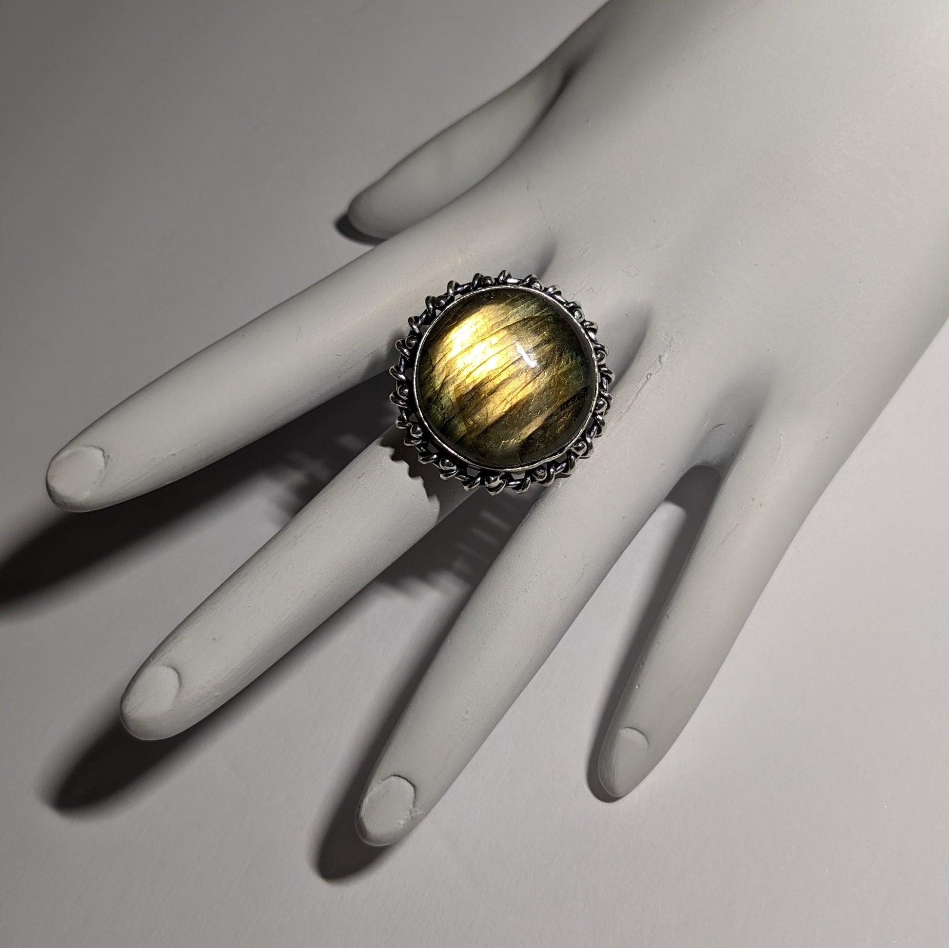 CAT'S EYE LABRADORITE RING WITH UNIQUE DOTTED AND WRAPPED BEZEL-RINGS-JipsiJunk-JipsiJunk