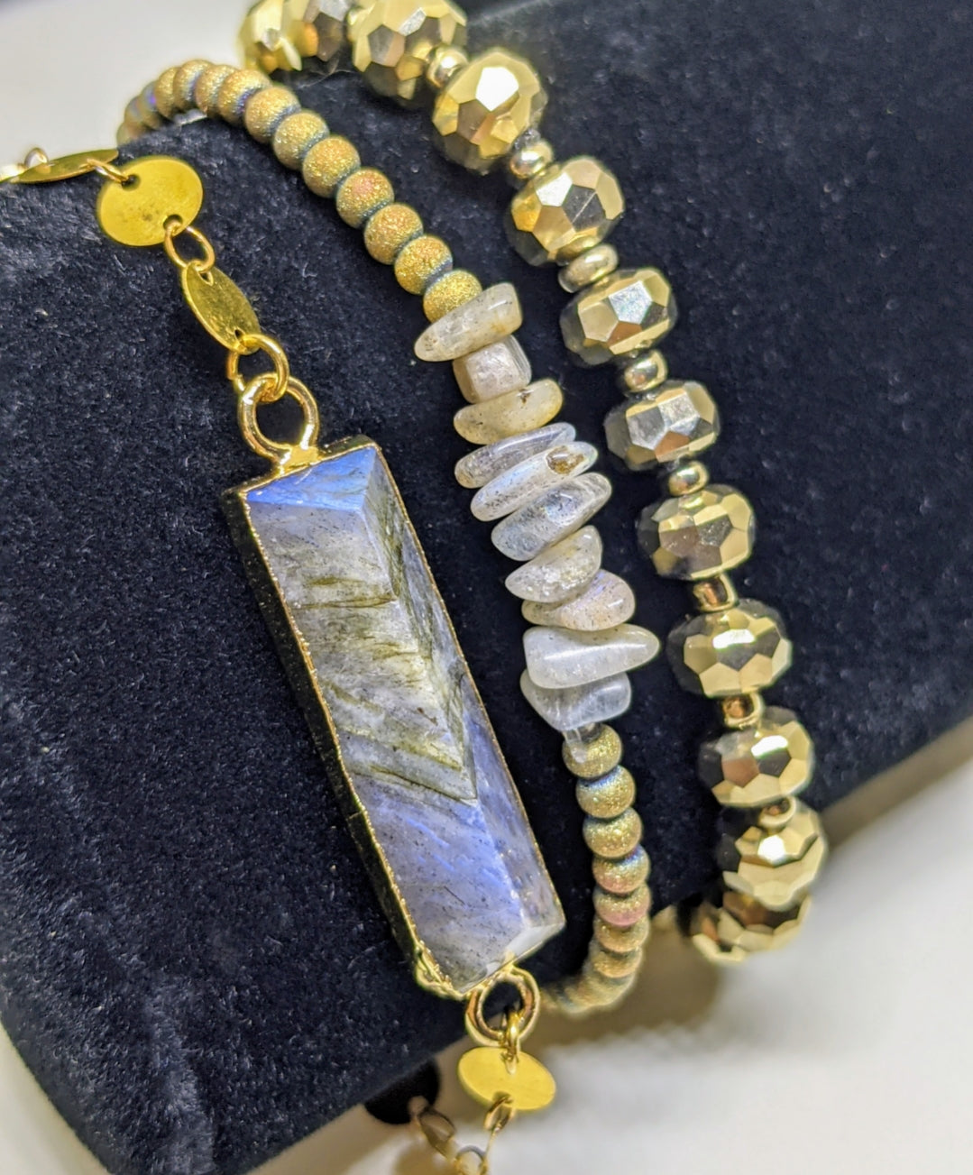 THREE PIECE LABRADORITE AND GOLDEN BRACELET STACK-BRACELETS-Jipsi Junk-JipsiJunk