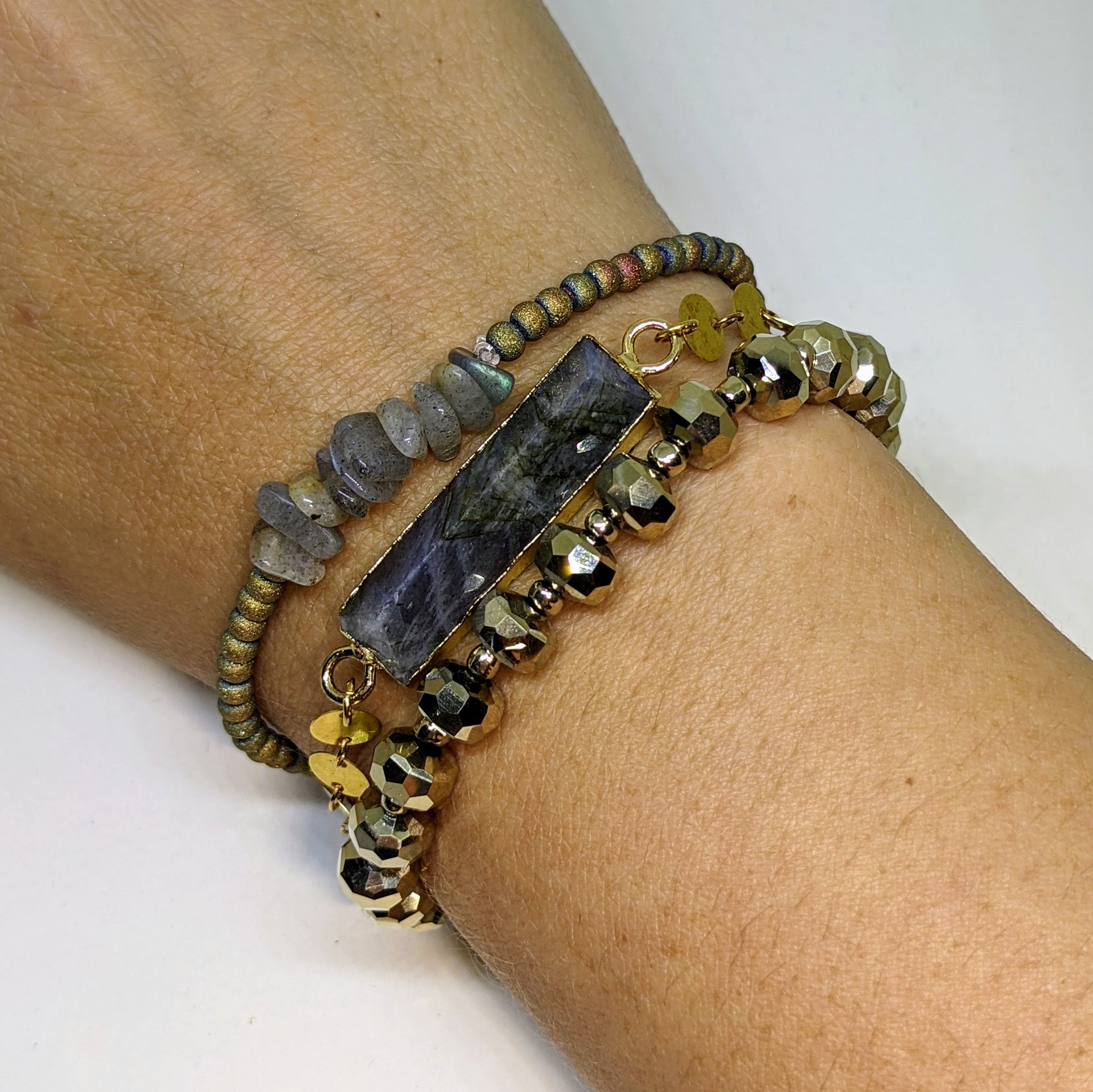 THREE PIECE LABRADORITE AND GOLDEN BRACELET STACK-BRACELETS-Jipsi Junk-JipsiJunk
