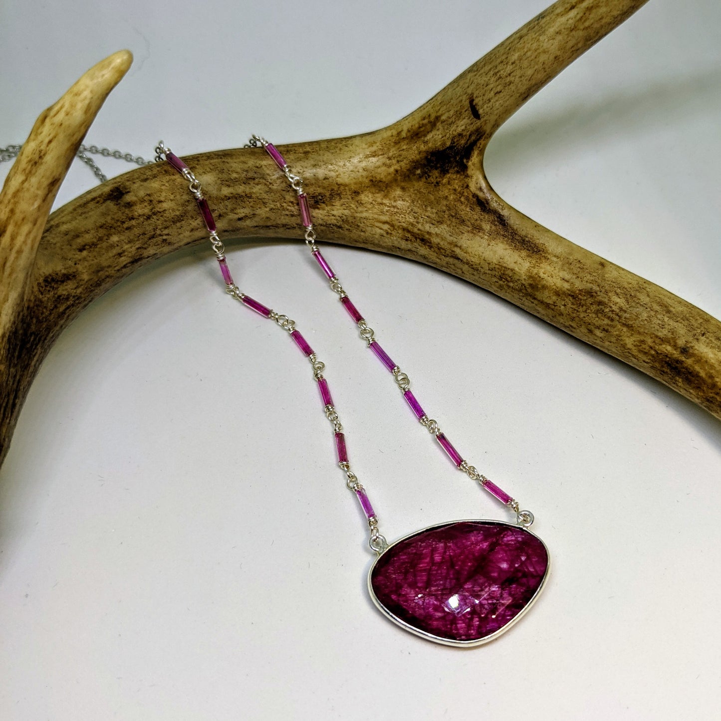 RUBY FREEFORM NECKLACE WITH HANDMADE CHAIN WITH UPCYCLED GLASS CRYSTAL BEADS-NECKLACES-Jipsi Junk-JipsiJunk