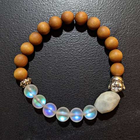 AB MOONSTONE, MERMAID GLASS AND AROMATIC SANDALWOOD BRACELET WITH BUDDHA HEAD BEAD-BRACELETS-Jipsi Junk-JipsiJunk