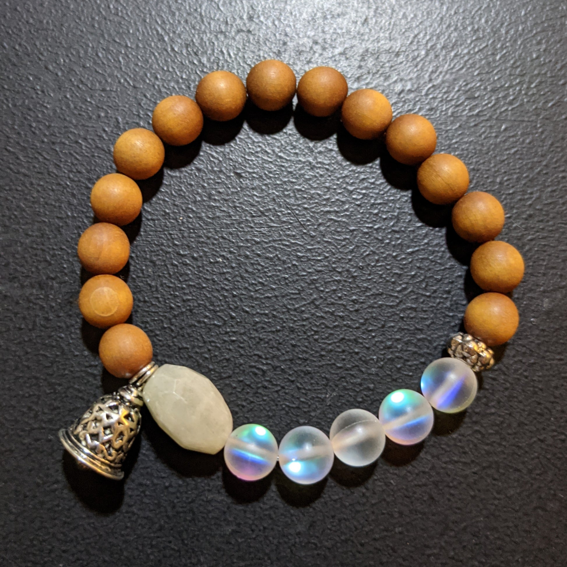 AB MOONSTONE, MERMAID GLASS AND AROMATIC SANDALWOOD STRETCH BRACELET WITH BOHO BELL CHARM-BRACELETS-Jipsi Junk-JipsiJunk