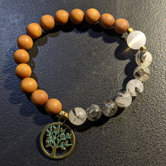 TOURMILATED QUARTZ, SELENITE AND AROMATIC SANDALWOOD STRETCH BRACELET WITH GREEN BRONZE TREE OF LIFE CHARM-BRACELETS-Jipsi Junk-JipsiJunk