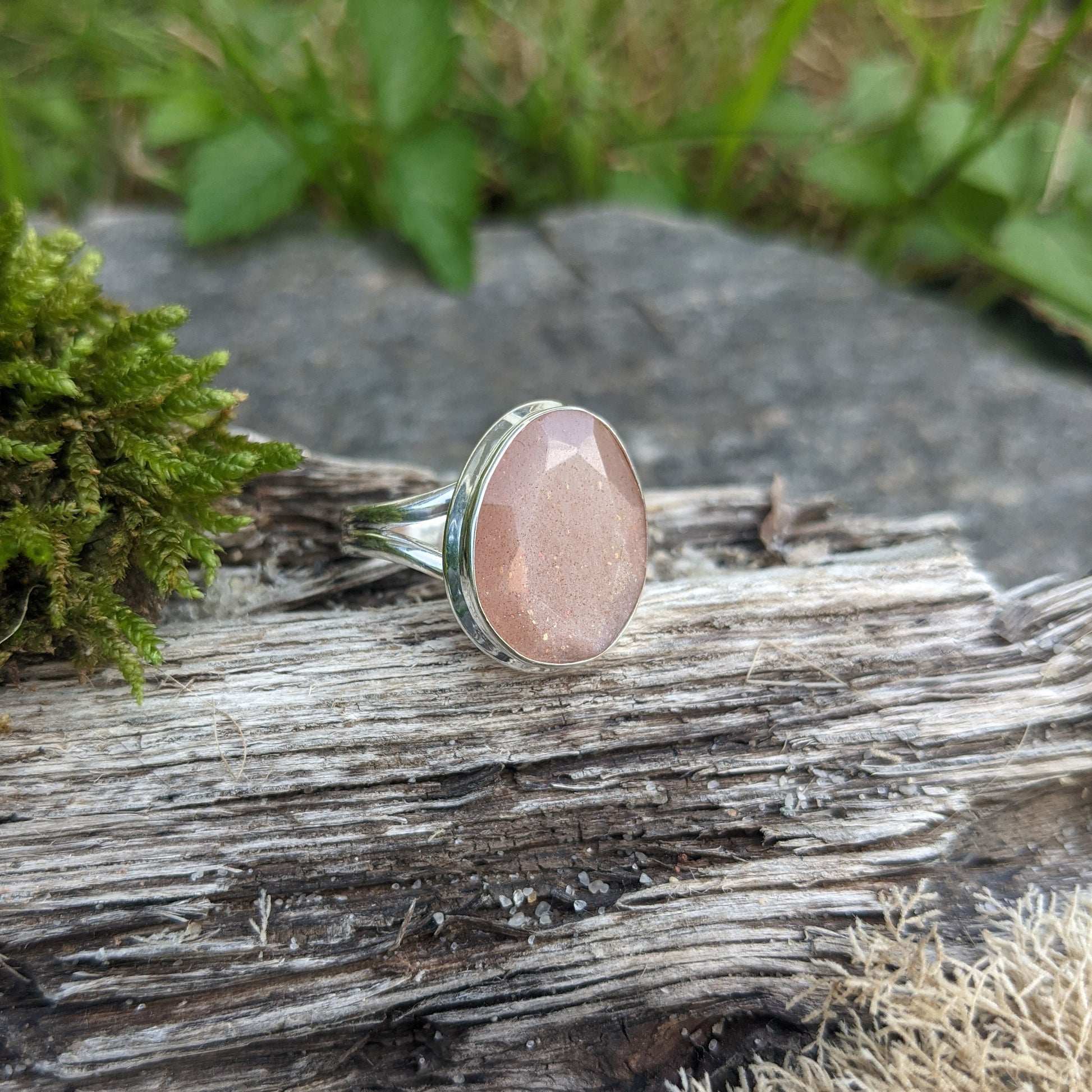 FLAT FACED FACETED PEACH NOONSTONE RING IN STERLING SILVER-RINGS-JipsiJunk-JipsiJunk