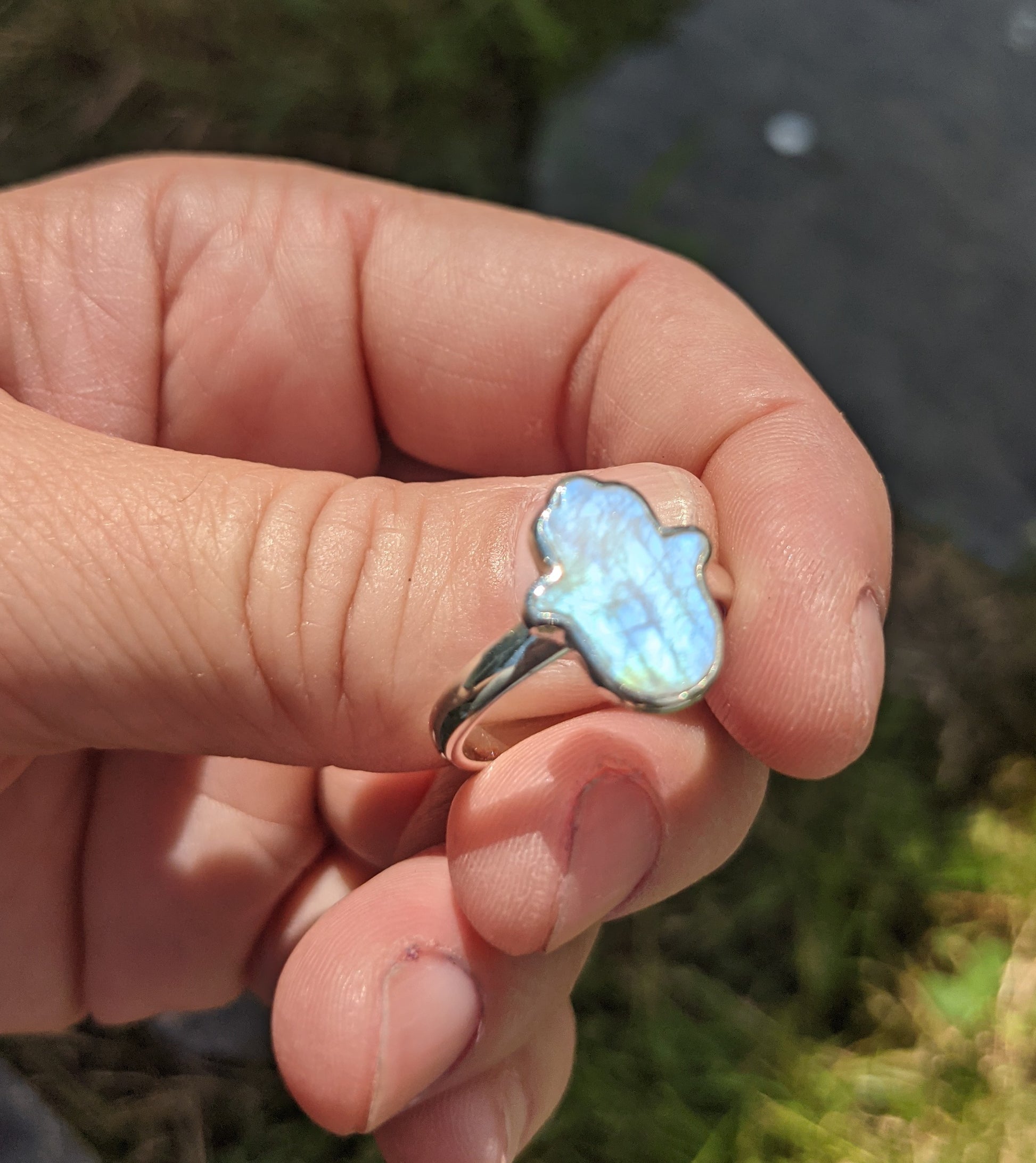 FLAT FACED MOONSTONE HAMSA RING IN STERLING SILVER-RING-JipsiJunk-JipsiJunk