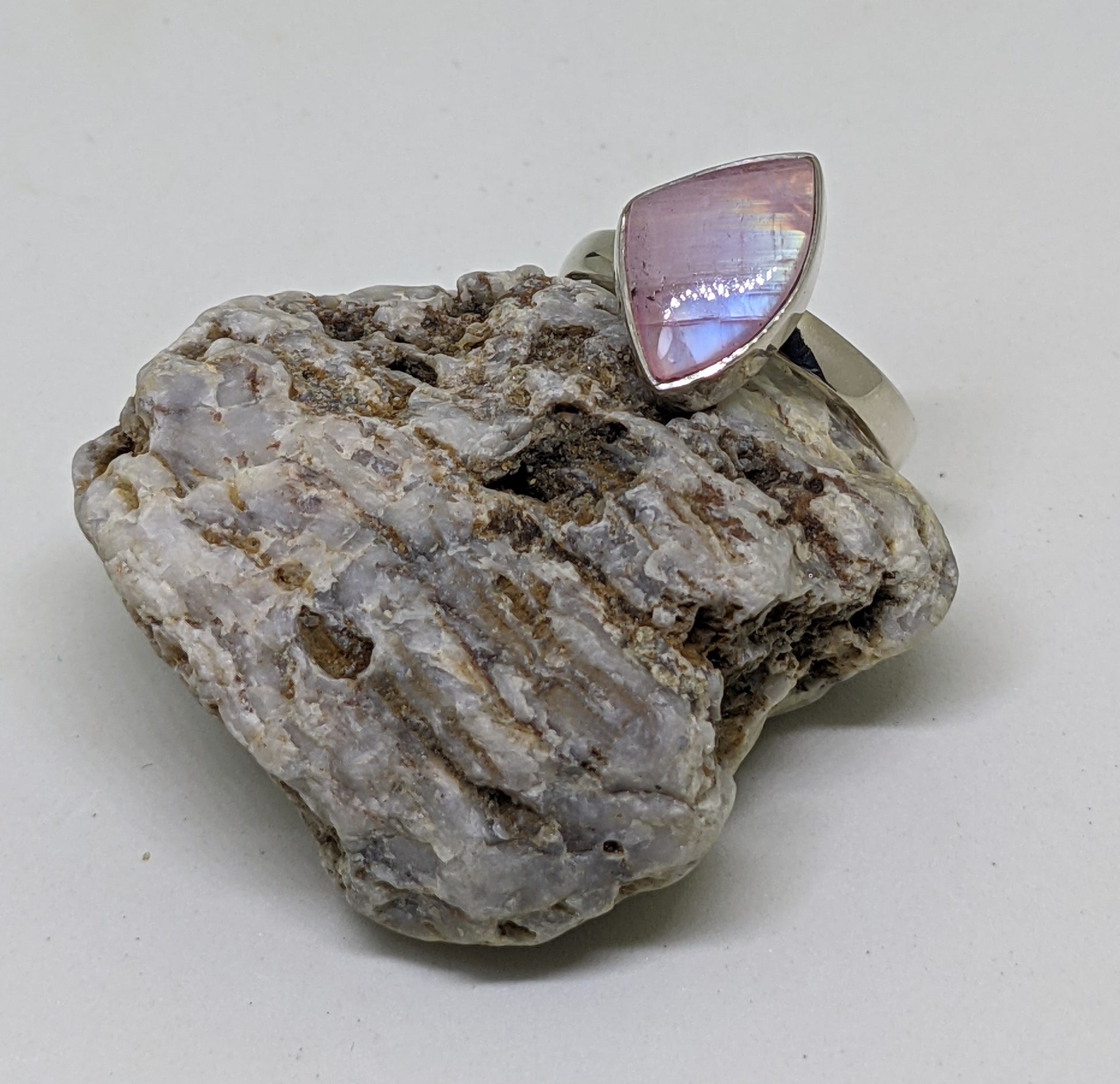 IRREGULAR SHAPED PINK RAINBOW MOONSTONE RING IN STERLING SILVER-RINGS-Jipsi Junk-JipsiJunk