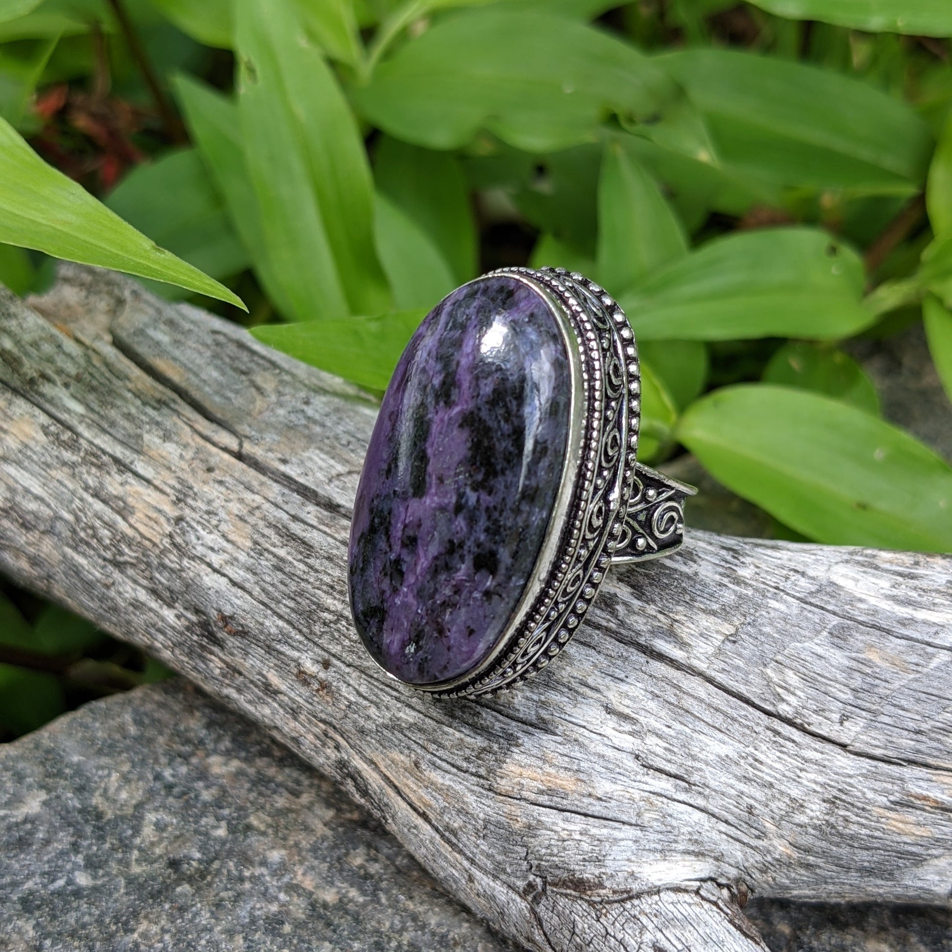 CHAROITE OVAL GEMSTONE RING WITH ORNATE BEZEL AND BAIL IN STERLING SILVER-RINGS-Jipsi Junk-JipsiJunk