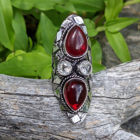 HESSONITE GARNET AND WHITE TOPAZ LONG KNUCKLE RING IN STERLING SILVEE-RINGS-Jipsi Junk-JipsiJunk